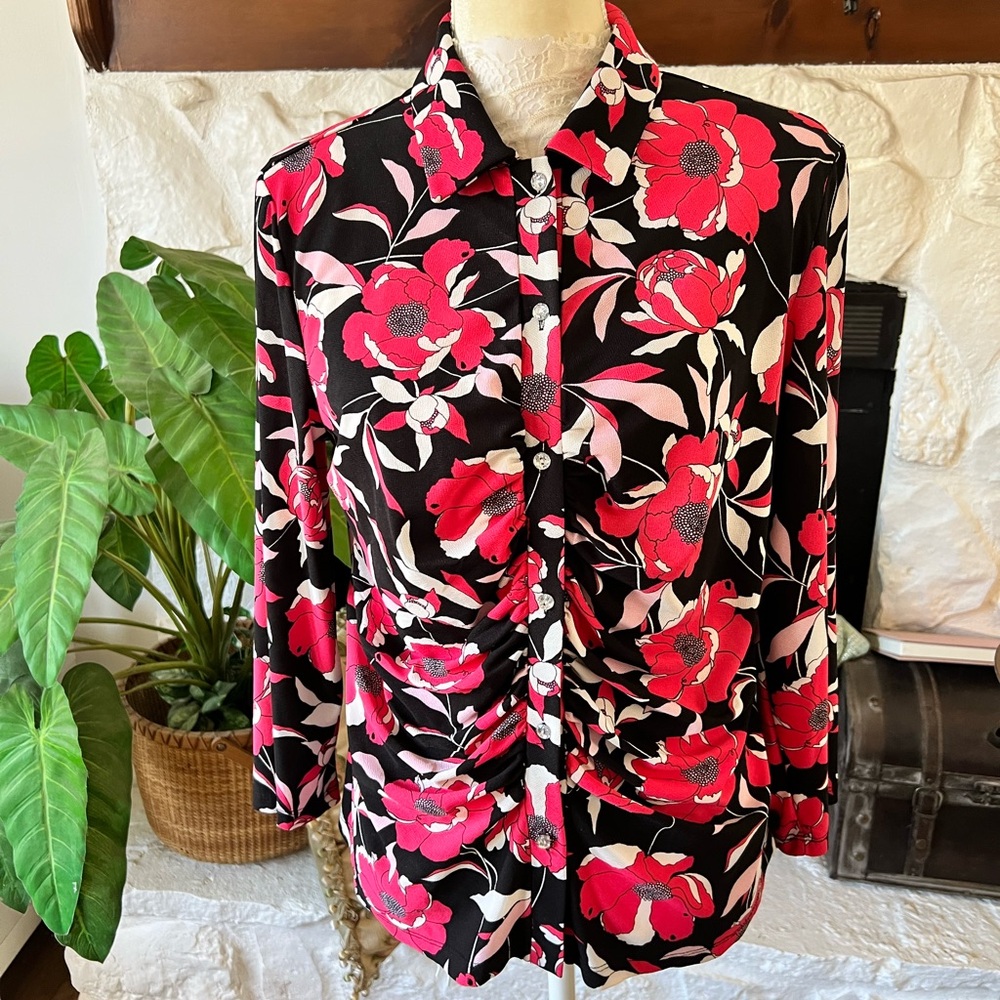 Como Black, Pink and White Floral Button-Up Blouse Women’s Size L